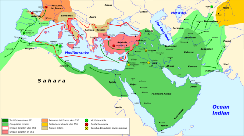 File:Califat Omeia - Expansion aràbia durant lo periòde omeia.png