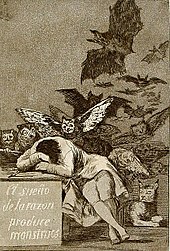 Piirustus, joka edustaa nukkuvaa miestä, hänen päänsä nojaten käsivarteen ristiin pöydälle, jonka etupuolella on espanjaksi sanat "järjen unelma tuottaa hirviöitä".  Selän takana ja hänen yläpuolellaan kehittyy lepakoiden pilvi.