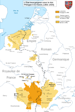 carte de l'état Bourguignon en blanc, avec des zones oranges, jaune, et jaune foncé