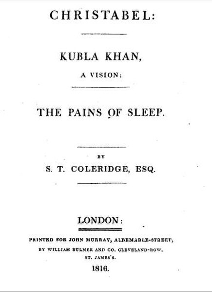 Title page of Christabel, Kubla Khan, and the Pains of Sleep (1816)