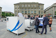 Climeworks equipment displayed in 2015 on Bundesplatz in Bern Climeworks-Anlage.jpg