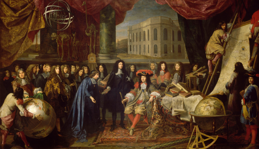 Colbert Presenting the Members of the Royal Academy of Sciences to Louis XIV in 1667, by Henri Testelin; in the background appears the new Paris Observatory