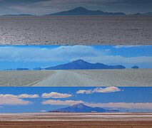 Comparación del volcán Tunupa en el Salar de Uyuni a distintas distancias ocultándose en el horizonte.