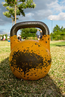 A 16-kg (35-lb) "competition kettlebell" Competition kettlebell 16 kilo.jpg