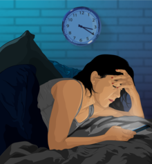 Artist's impression of a woman using her smartphone late at night Depiction of a person suffering from Insomnia (sleeplessness) (cropped).png