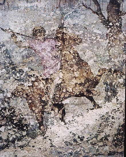 A fresco depicting a hunt scene at the tomb of Philip II, Alexander's father, at the Archaeological Site of Aigai, the only known depiction of Alexander made during his lifetime, 330s BC