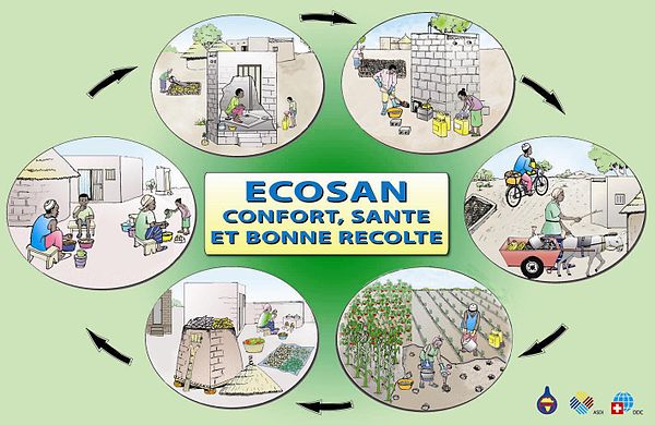 Ecosan closing the loop poster (in French), by the NGO CREPA in 2005, UDDTs are used in this example