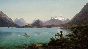 Eugène von Guérard. Lake Wakatipu with Mount Earnslaw, Middle Island, New Zealand (1877 - 1879, Auckland Art Gallery)