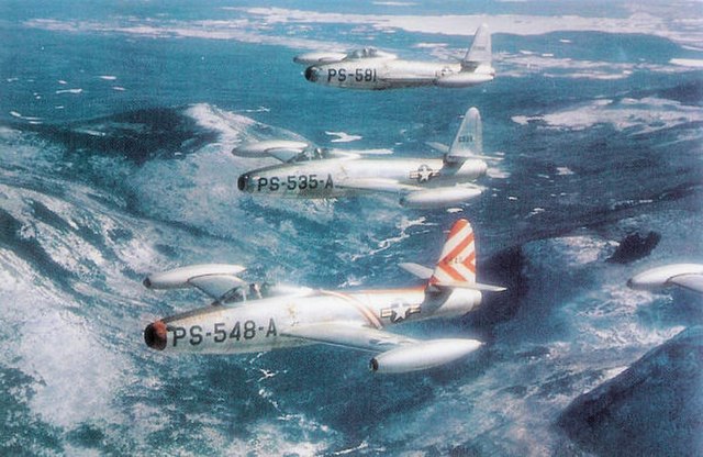 49th Fighter Squadron F-84B Thunderjets in formation, March 1948.