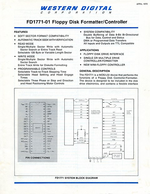 Front page of a floppy disk controller data sheet (1979)