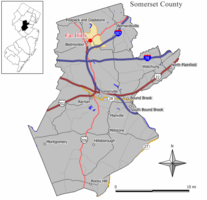Mapa Far Hills v Somerset County.  Vložka: Umístění Somerset County zvýrazněno ve státě New Jersey.