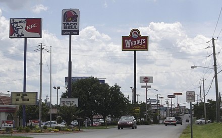Neighboring fast food restaurant advertisement signs in Bowling Green, Kentucky. Here, we see KFC, Taco Bell, Wendy's, and Krystal Burgers.