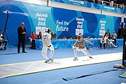 Deutsch: Fechten bei den Olympischen Jugend-Sommerspielen 2018: Tag 1, 7. Oktober 2018, Jungen, Säbel, Runde der letzten 16 - Ali Al-Bahrani (KSA) Vs Antonio Heathcock (GER) 9:15 English: Fencing at the 2018 Summer Youth Olympics at 7 October 2018 – Boys' sabre Round of 16 – Ali Al-Bahrani (KSA) Vs Antonio Heathcock (GER) 9:15