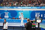 Deutsch: Fechten bei den Olympischen Jugend-Sommerspielen 2018: Tag 1, 7. Oktober 2018, Jungen, Säbel, Finale - Krisztián Rabb (HUN) - Hyun Jun (KOR) (USA) 15:13 English: Fencing at the 2018 Summer Youth Olympics at 7 October 2018 – Boys' sabre Gold medal match – Krisztián Rabb (HUN) Vs Hyun Jun (KOR) (USA) 15:13