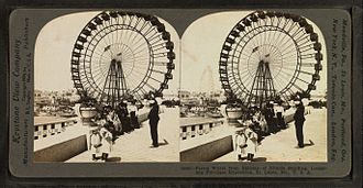 Stereoscopic card showing the Ferris Wheel at the 1904 World's Fair, St. Louis Ferris Wheel from balcony of Illinois Building. Louisiana Purchase Exposition, St. Louis, by Keystone View Company.jpg