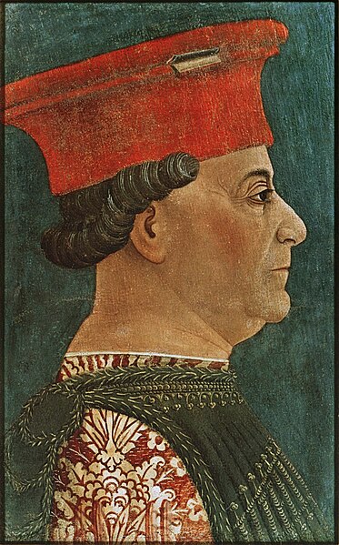 Portrait of Francesco Sforza (c. 1460) by Bonifacio Bembo. Sforza insisted on being shown in his worn dirty old campaigning hat. Pinacoteca di Brera, 