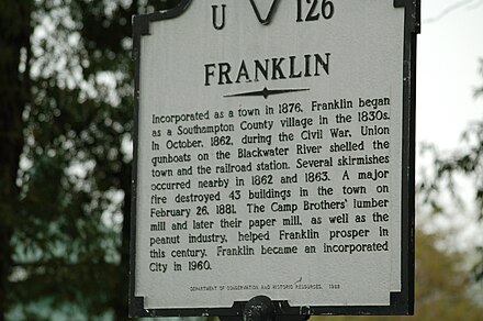 A historic sign in downtown Franklin with information on the Civil War and Union Camp