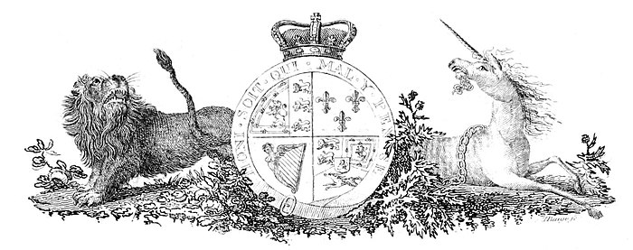 Engraving of a lion and a unicorn flanking a royal seal