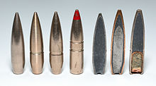 7.5x55mm Swiss full metal jacket, armor piercing, and tracer, spitzer projectiles. The three bullets on the right show cannelure evolution GP11 coupe.JPG