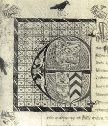 Initial from the charter granting Gaveston the earldom of Cornwall, showing the arms of England at top, and Gaveston's coat of arms impaled with those of de Clare below. Gaveston Cornwall charter.jpg