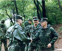 General Franks with Corporal Daniel L. Dow, at 2nd Infantry Division (South Korea) NCO Academy on 31 May 1993 Gen Franks June 1993 Cp Jackson South Korea.jpg