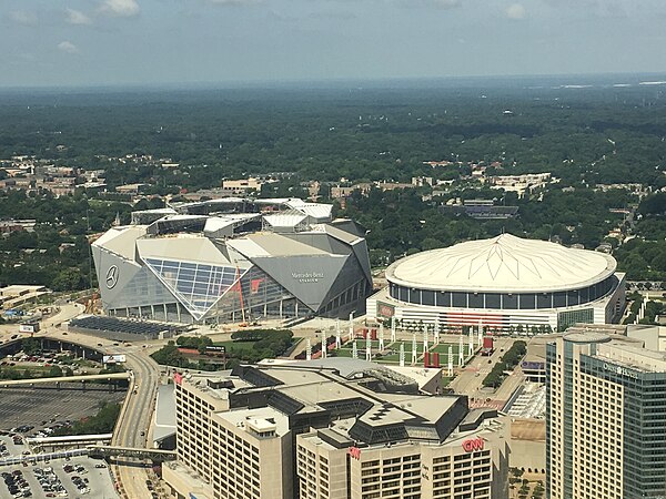 The Georgia Dome (right) and Mercedes-Benz Stadium on July 2, 2017