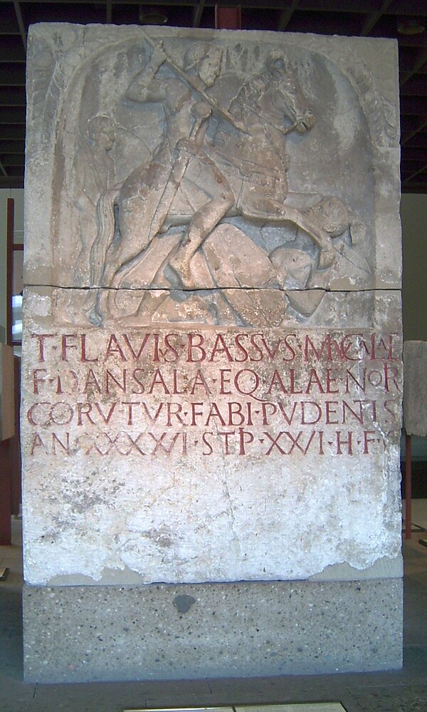 Tombstone of the Flavian-era eques alaris (ala cavalryman) Titus Flavius Bassus, son of Mucala. A Dansala, (i.e. member of the Thracian Dentheletae tribe), he belonged to the Ala Noricorum (originally raised from the Taurisci tribe of Noricum). He died at age 46 after 26 years' service, not having advanced beyond the lowest rank. Bassus' adopted Roman names, Titus Flavius, indicate that he had gained Roman citizenship, doubtless by serving the required 25 years in the auxilia. The names adopted would normally be those of the emperor ruling at the time of the citizenship award. In this case, they could refer to any of the 3 emperors of the Flavian dynasty (ruled 69–96), Vespasian and his two sons, Titus and Domitian, all of whom carried the same names. The arrangement of the scene, a rider spearing a man (the motif of the Thracian Hero), indicates that Bassus was a Thracian, as does his father's name. Date: late 1st century. Römisch-Germanisches Museum, Cologne, Germany