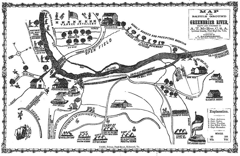 Battle of Greenbrier map drawn and published by A.T. McRae, C.S.A. Greenbrier, West Virginia, Oct. 3, 1861, Pocahontas County.