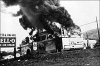 May 14, 1961: Burning of the evacuated bus at Anniston Greyhound Bus Attack Anniston 1.jpg