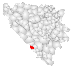 Location of Grude within Bosnia and Herzegovina.