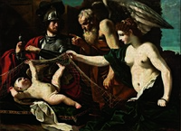 Allegory with Venus, Mars, Cupid and Time (ca. 1625): in the unique interpretation of Guercino, winged Time points an accusing finger at baby Cupid, held in a net that evokes the snare in which Venus and Mars were caught by her betrayed husband Vulcan.[80]