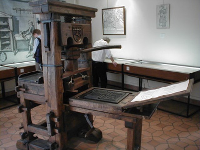 Reproduction of Johannes Gutenberg-era Press on display at the Printing History Museum in Lyon, France.
