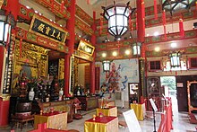 Shrine hall inside Taoist Temple, Fung Ying Seen Koon in Hong Kong HK Fen Ling Fanling Peng Ying Xian Guan Fung Ying Sen Koon temple grand main hall interior March 2017 IX1 10.jpg