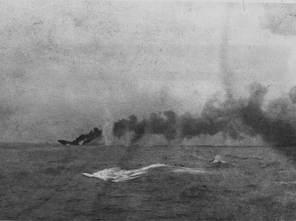 Indefatigable sinking after being struck by shells from Von der Tann