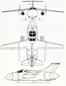 Three way view of P.139B Hawker Siddeley P.139B 3-view line drawing.png