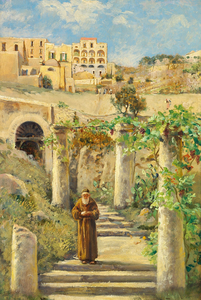 Italian landscape with monk label QS:Len,"Italian landscape with monk" -