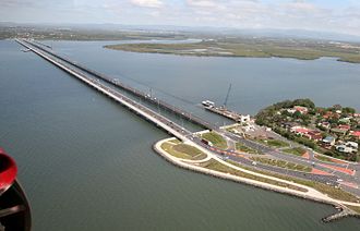 The three bridges from the Clontarf (north) side: Ted Smouth Bridge (left), Houghton Highway (centre) and Hornibrook Bridge (right, being demolished), April 2011 Hornibrook april 2011 (171).jpg