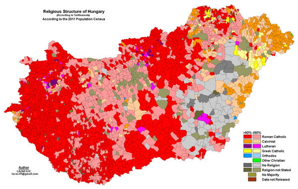 Distribution of religions and irreligion in Hungary, 2011 census. Hungary 2011 Religion.png