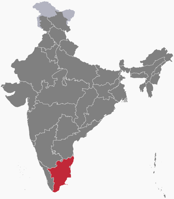 The map of India showing Tamil Nadu