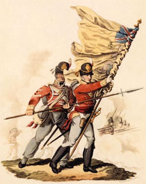 Ensign and colour sergeant with colours of the 9th (East Norfolk) Regiment. 1813 illustration
