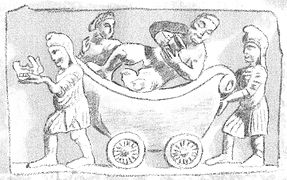 Indo-Scythians pushing along the Greek god Dionysos with Ariadne.[43]