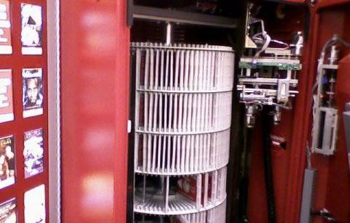 The carousel of discs inside of a Redbox machine.
