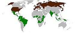 Mapa-múndi com os Estados membros da Organização Internacional do Café.