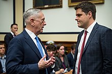 Gaetz speaks with Secretary of Defense James Mattis in October 2017 James Mattis and Matt Gaetz.jpg