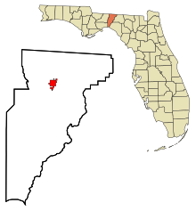 Jefferson megyei floridai beépített és be nem épített területek Monticello Highlighted.svg