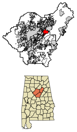 Location of Leeds in Jefferson County and Shelby County and St. Clair County, Alabama.