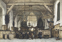 Interior of the Church in Maasland label QS:Len,"Interior of the Church in Maasland" label QS:Lpl,"Wnętrze kościoła w Maasland" label QS:Lnl,"Interieur van de kerk te Maasland" 1827-1891. Schwarze Kreide und Aquarell auf Papier. 47 × 68,2 cm. Amsterdam, Rijksmuseum Amsterdam.