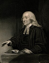 Kopparstick med porträttbild av John Wesley, iklädd tidstypisk peruk, prästens krage i form av en elva samt en svart rock.