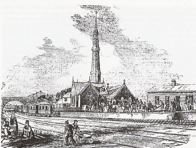 Jolly-sailor station in 1845, showing the atmospheric railway pumping station, with its Gothic chimney vent, in the foreground.