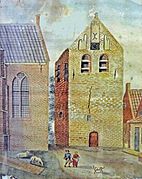 Anonieme aquarel van de rond 1805 afgebroken vrijstaande toren bij de kerk
